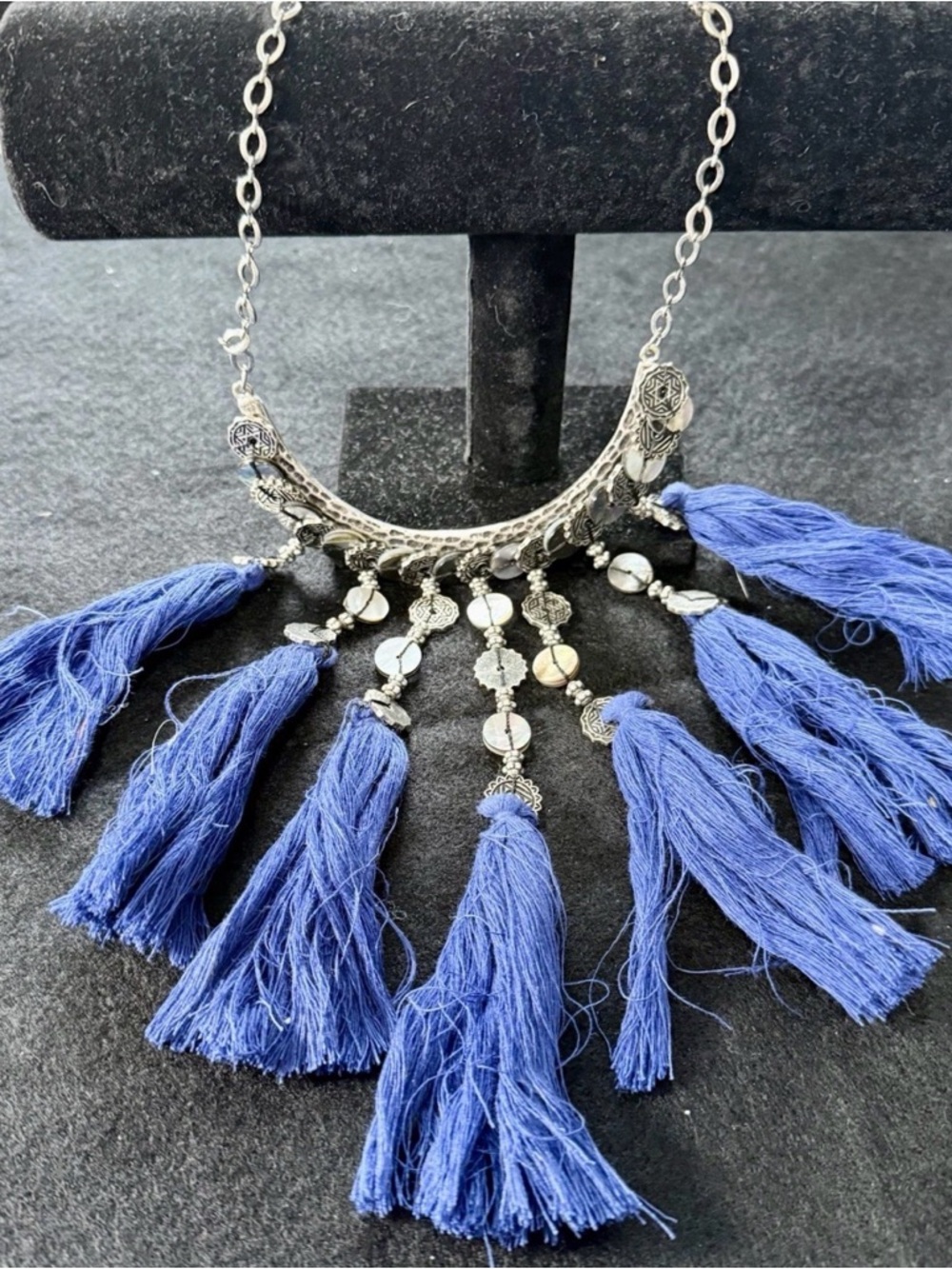 Boho Statement Bib Necklace Blue Tassel Fringe Silver Tone Tribal Festival